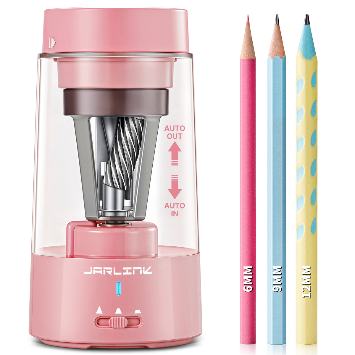 JARLINK Electric Pencil Sharpener, Fully Automatic Rechargeable Pencil Sharpener for 6-12mm Pencils, 3 Adjustable Sharpness, Hands-Free, Colored Pencil Sharpener for Classroom Home Office
