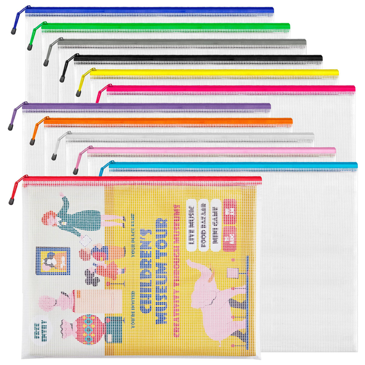 JARLINK A3 (16.9x12.4 in, 12 Pcs) Mesh Zipper Pouch, 12 Colors Extra Large Zipper Bags, Waterproof File Pouches for Office Supplies, Puzzles, Board Game, School, Travel Accessories& Craft Projects
