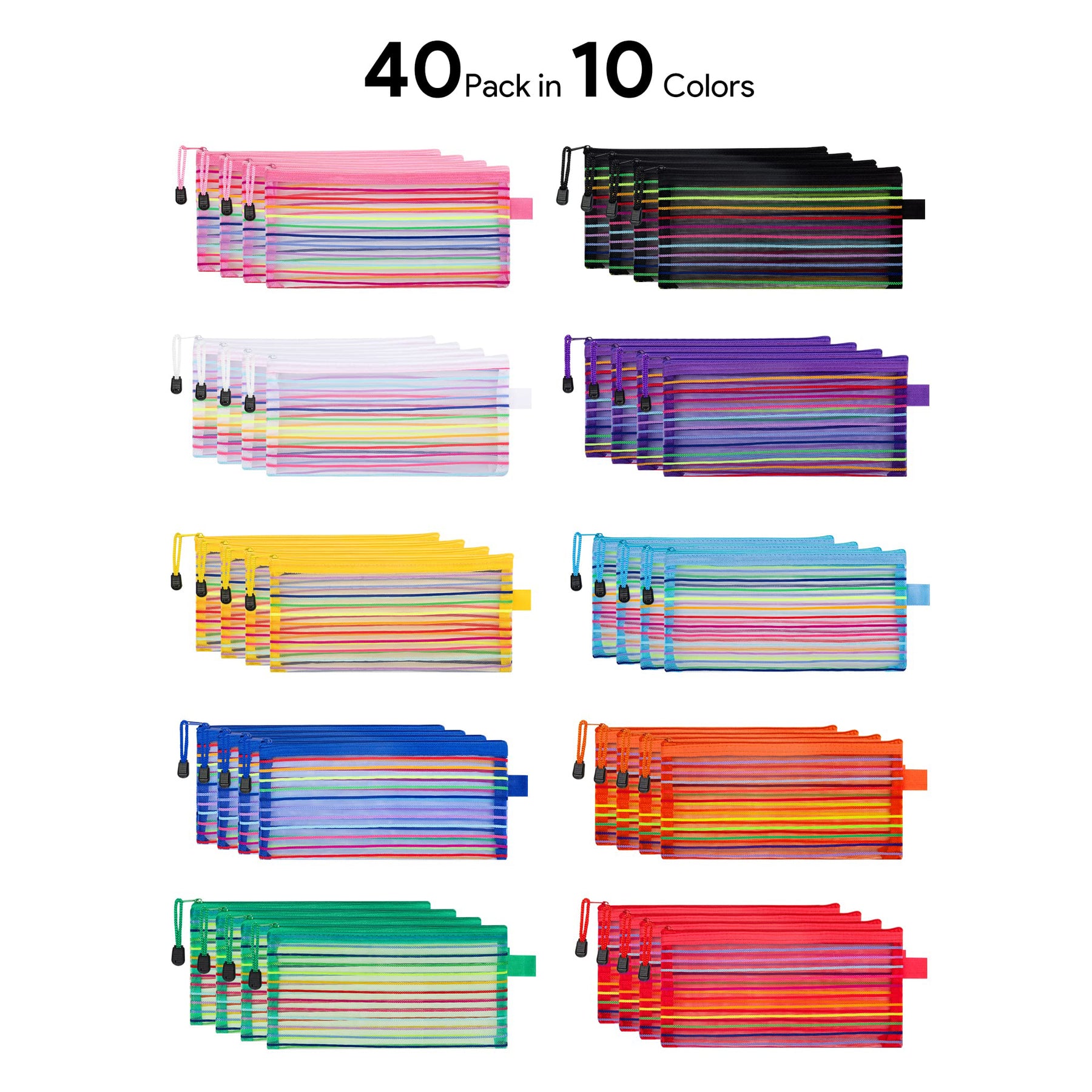 JARLINK 40 Pack 10 Colors Zipper Mesh Pouch, Storage Pouches Multipurpose Travel Bags for Office Supplies Cosmetics Travel Accessories Multicolor