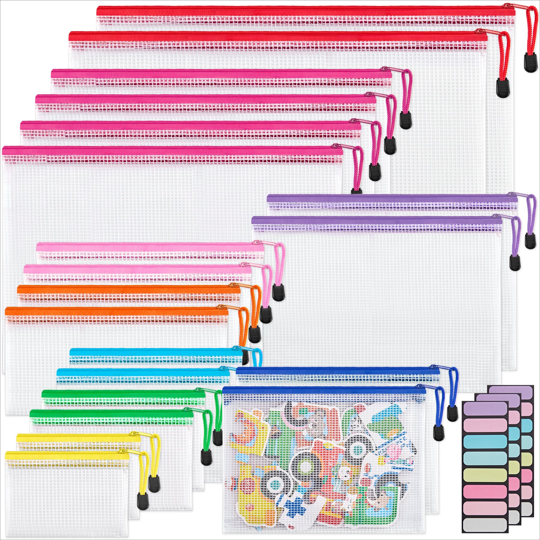 JARLINK 18 Pack 8 Sizes Mesh Pouch, 9 Colors, Waterproof Zipper File Bags Document Multipurpose Travel Bags for Office Supplies Cosmetics Travel Accessories