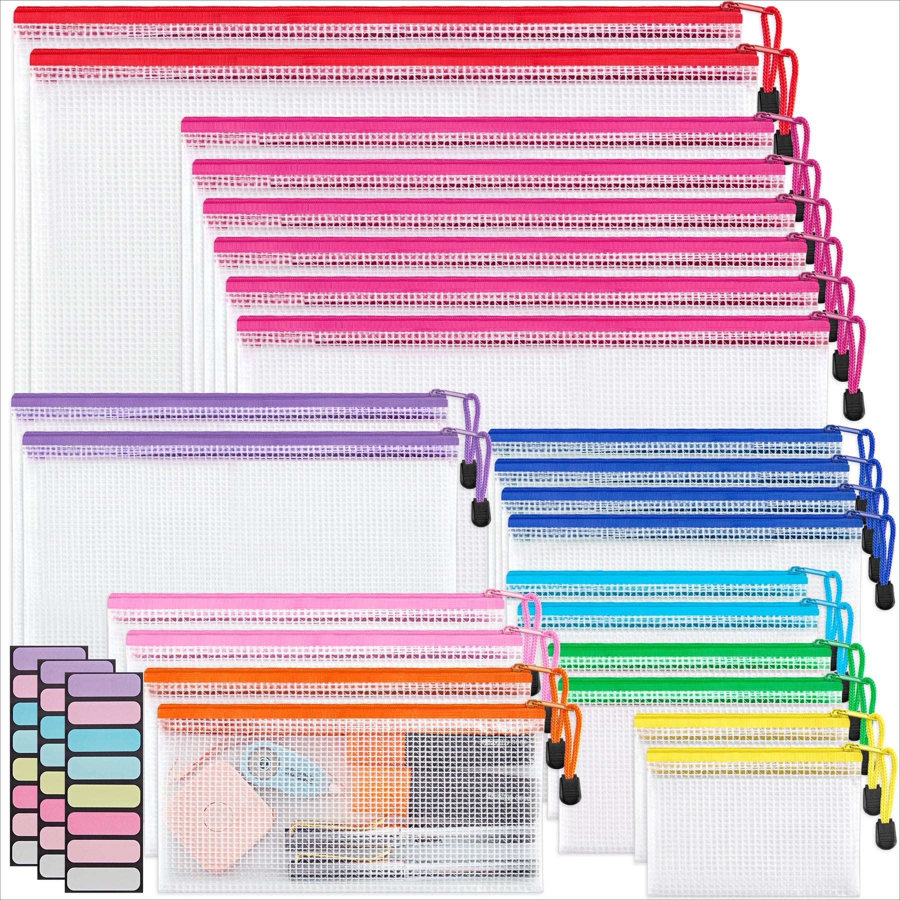 JARLINK 18 Pack 8 Sizes Mesh Pouch, 9 Colors, Waterproof Zipper File Bags Document Multipurpose Travel Bags for Office Supplies Cosmetics Travel Accessories
