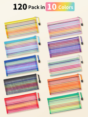 JARLINK Zipper Mesh Pouch, 120 Pcs Durable Pencil Pouches in 10 Colors