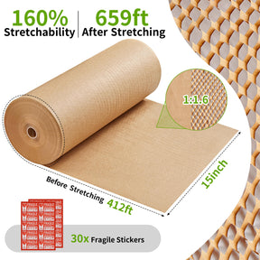 JARLINK Honeycomb Packing Paper, 15"x 131' Bubble Packing Wrap for Packing/Shipping/Moving, Eco-Friendly Bubble Packing Paper Wrapping Roll, Recyclable Moving Supplies With 20 Fragile Sticker Labels