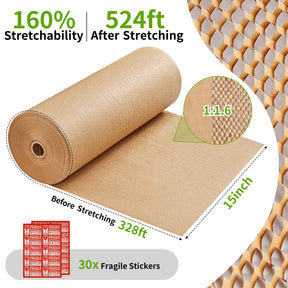 JARLINK Honeycomb Packing Paper, 15"x 131' Bubble Packing Wrap for Packing/Shipping/Moving, Eco-Friendly Bubble Packing Paper Wrapping Roll, Recyclable Moving Supplies With 20 Fragile Sticker Labels