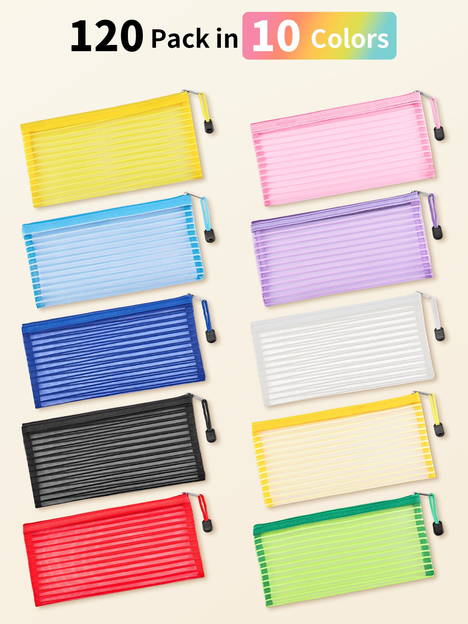 JARLINK Zipper Mesh Pouch, 120 Pcs Durable Pencil Pouches in 10 Colors