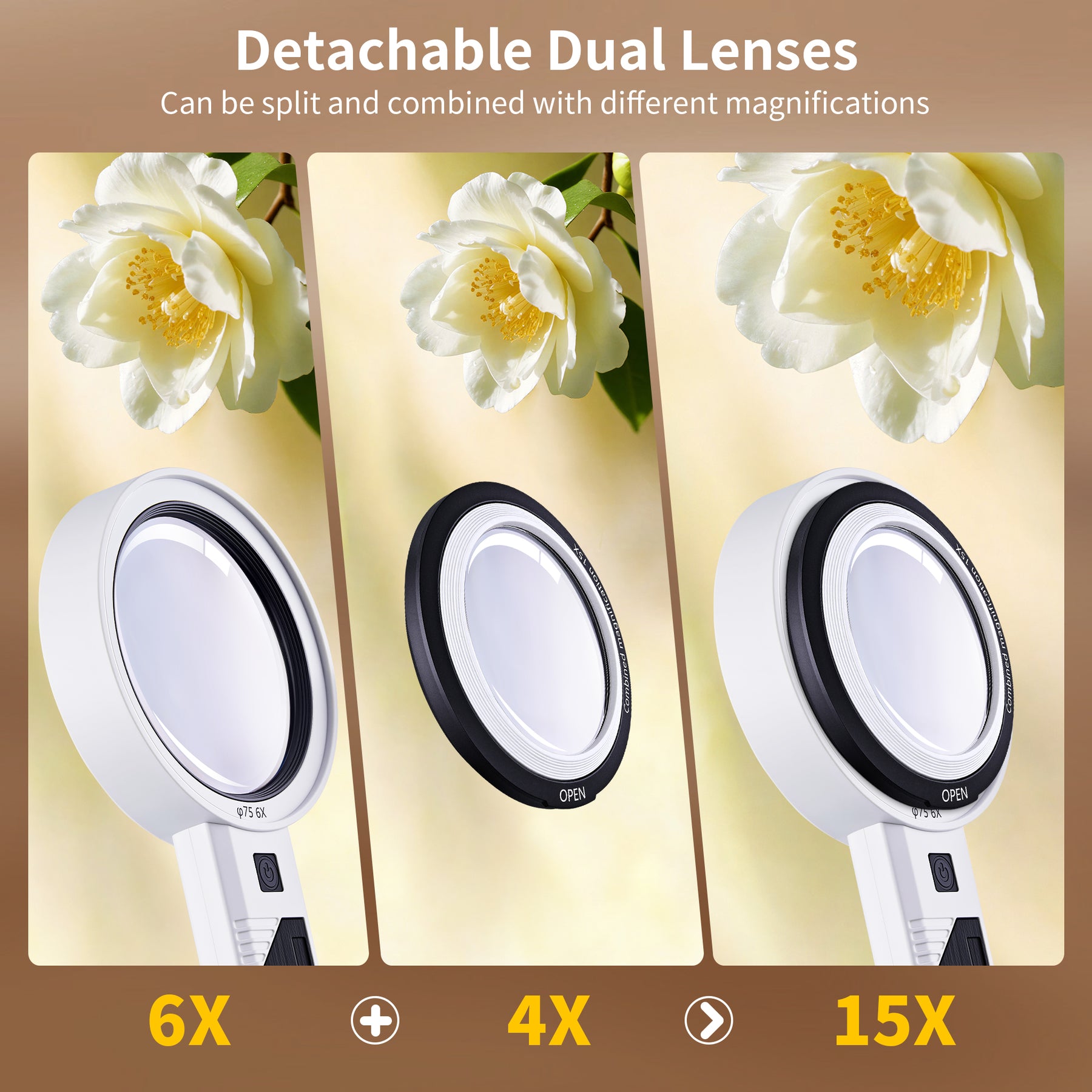JARLINK Magnifying Glass with Light, Detachable Dual Lenses, 30 LED 3 Modes Lighted Magnifier for Seniors Reading, Close Work, Jewelry, Coins, Crafts