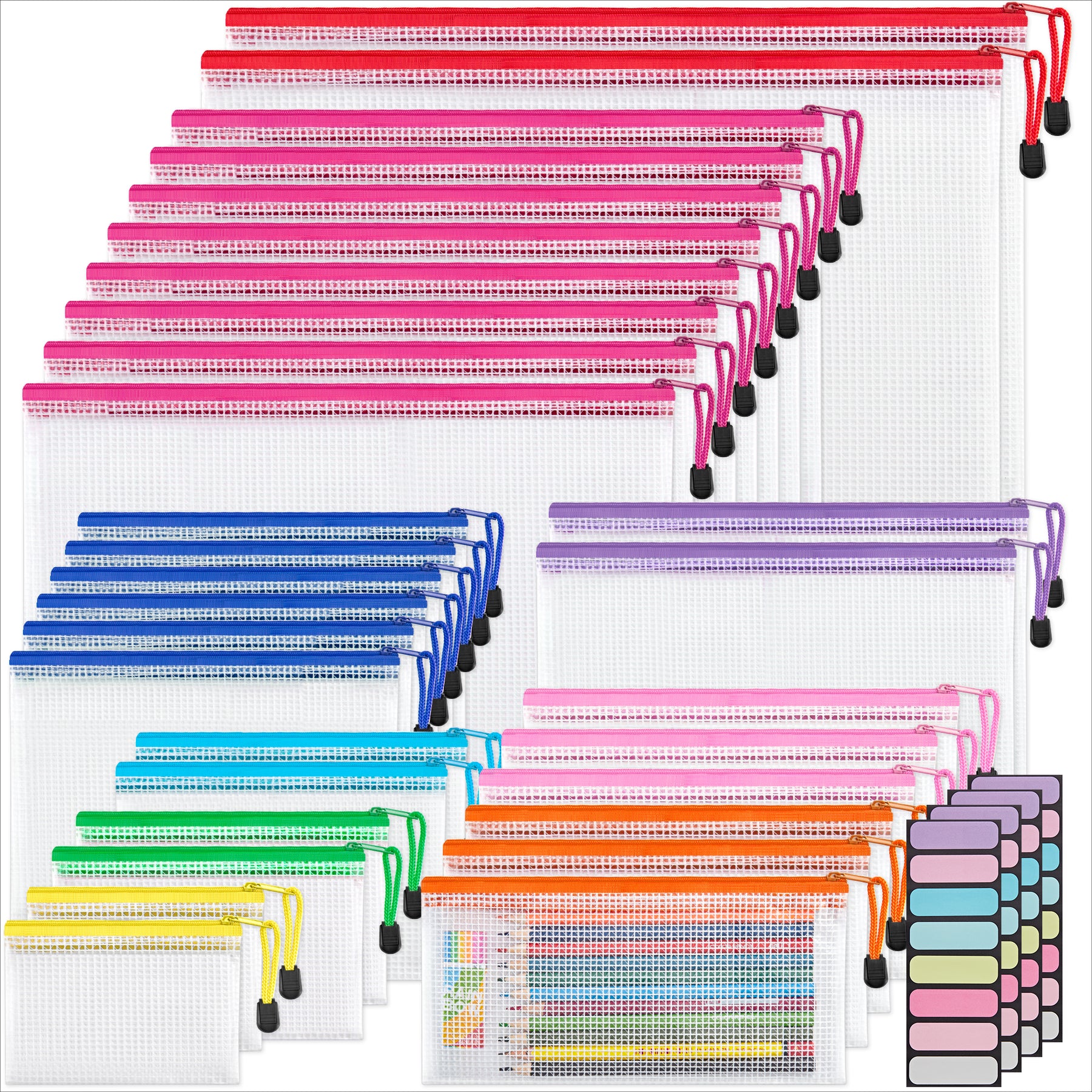 JARLINK 18 Pack 8 Sizes Mesh Pouch, 9 Colors, Waterproof Zipper File Bags Document Multipurpose Travel Bags for Office Supplies Cosmetics Travel Accessories
