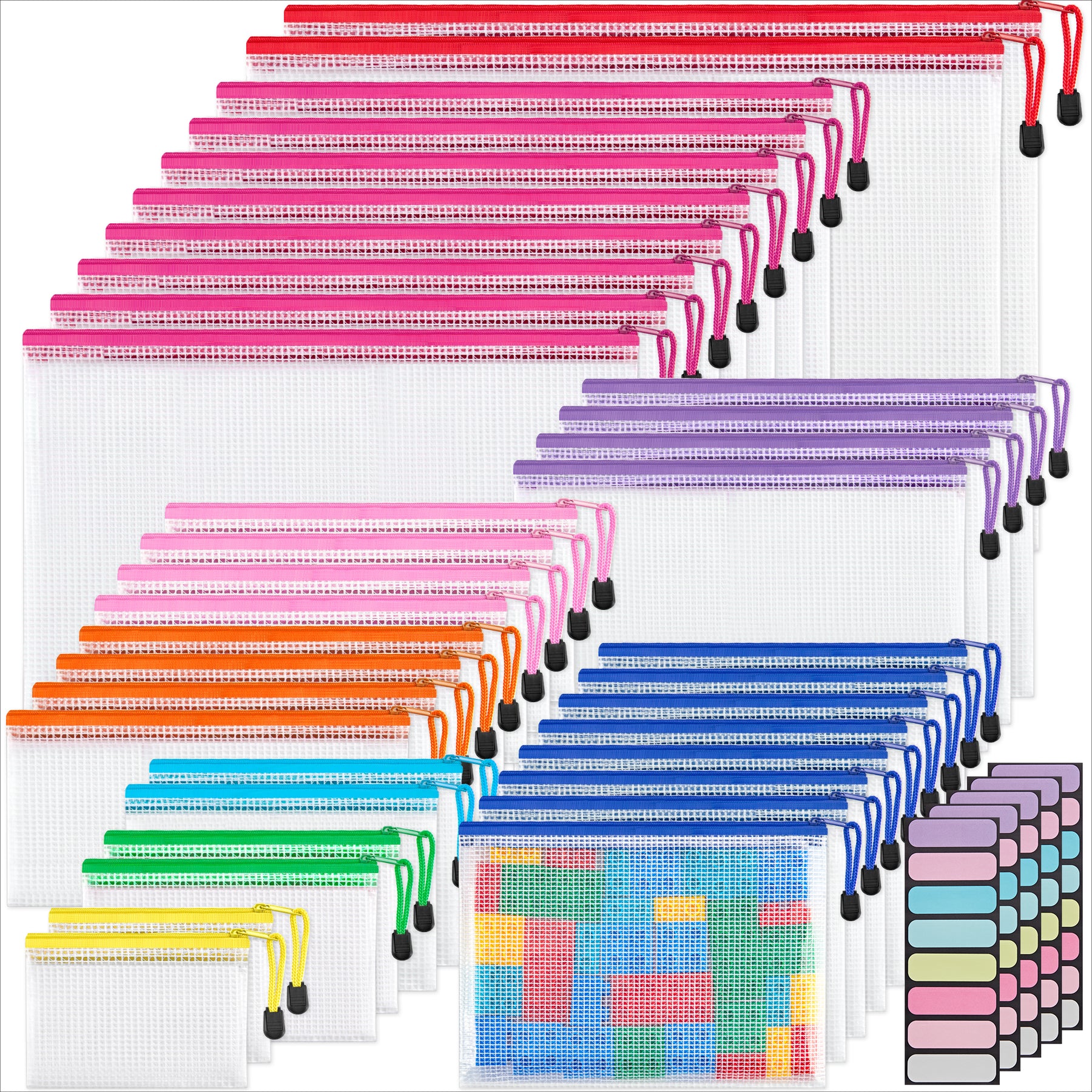 JARLINK 18 Pack 8 Sizes Mesh Pouch, 9 Colors, Waterproof Zipper File Bags Document Multipurpose Travel Bags for Office Supplies Cosmetics Travel Accessories