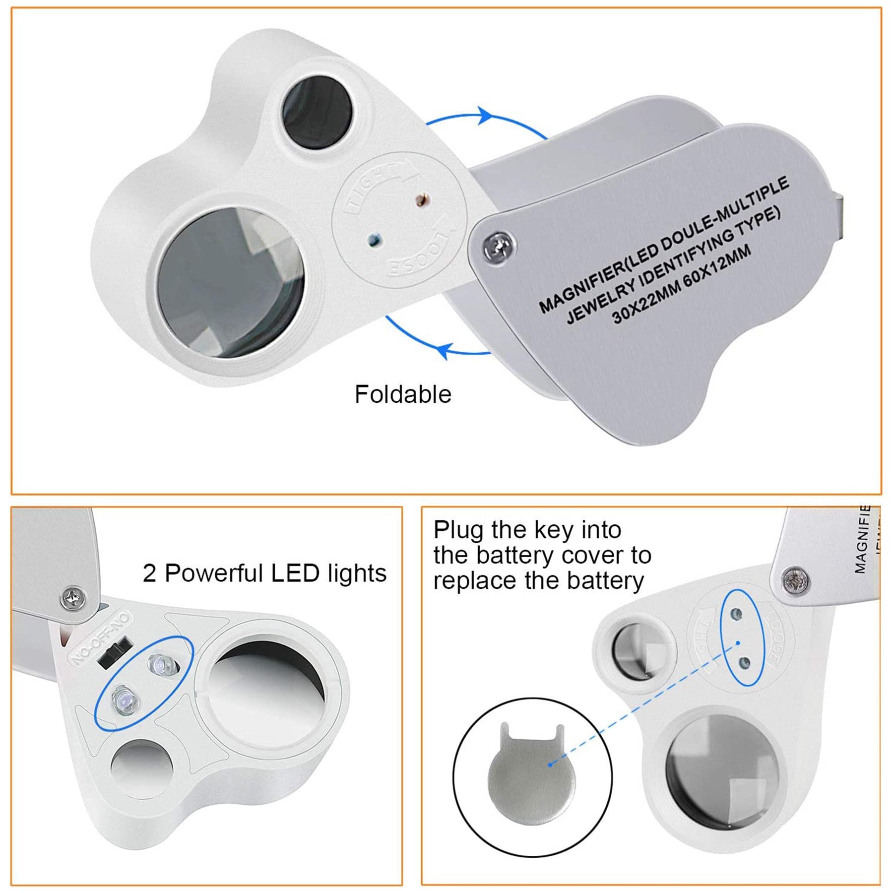 JARLINK 2 Pack 30X 60X Illuminated Jewelers Eye Loupe Magnifier