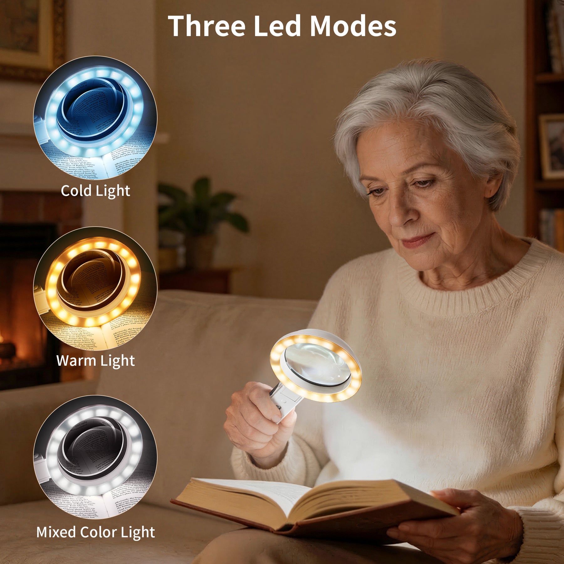 JARLINK Magnifying Glass with Light and Stand, 3-Mode Illuminated Magnifier for Seniors Reading & Close Work, Handheld Foldable Magnifier for Jewelry, Coins, Crafts