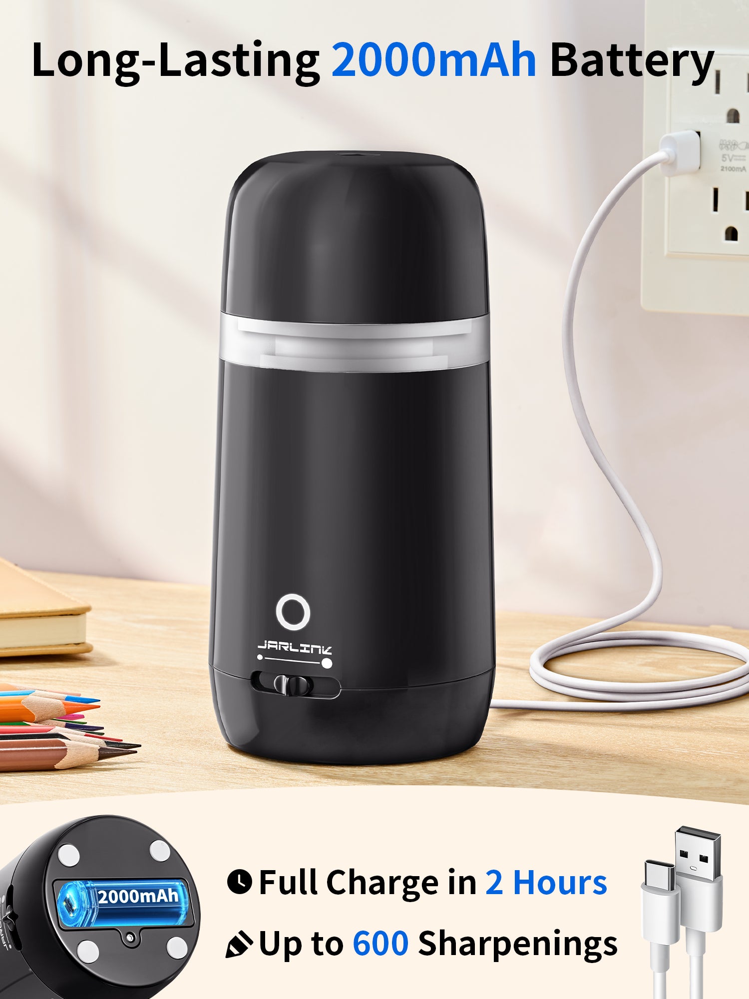 JARLINK Automatic Electric Pencil Sharpener - Hands-Free Operation, 3 Sharpness Modes, 3-Second Sharpening, Rechargeable & Portable for 7-12mm Pencils, Ideal for Classroom and Home Use