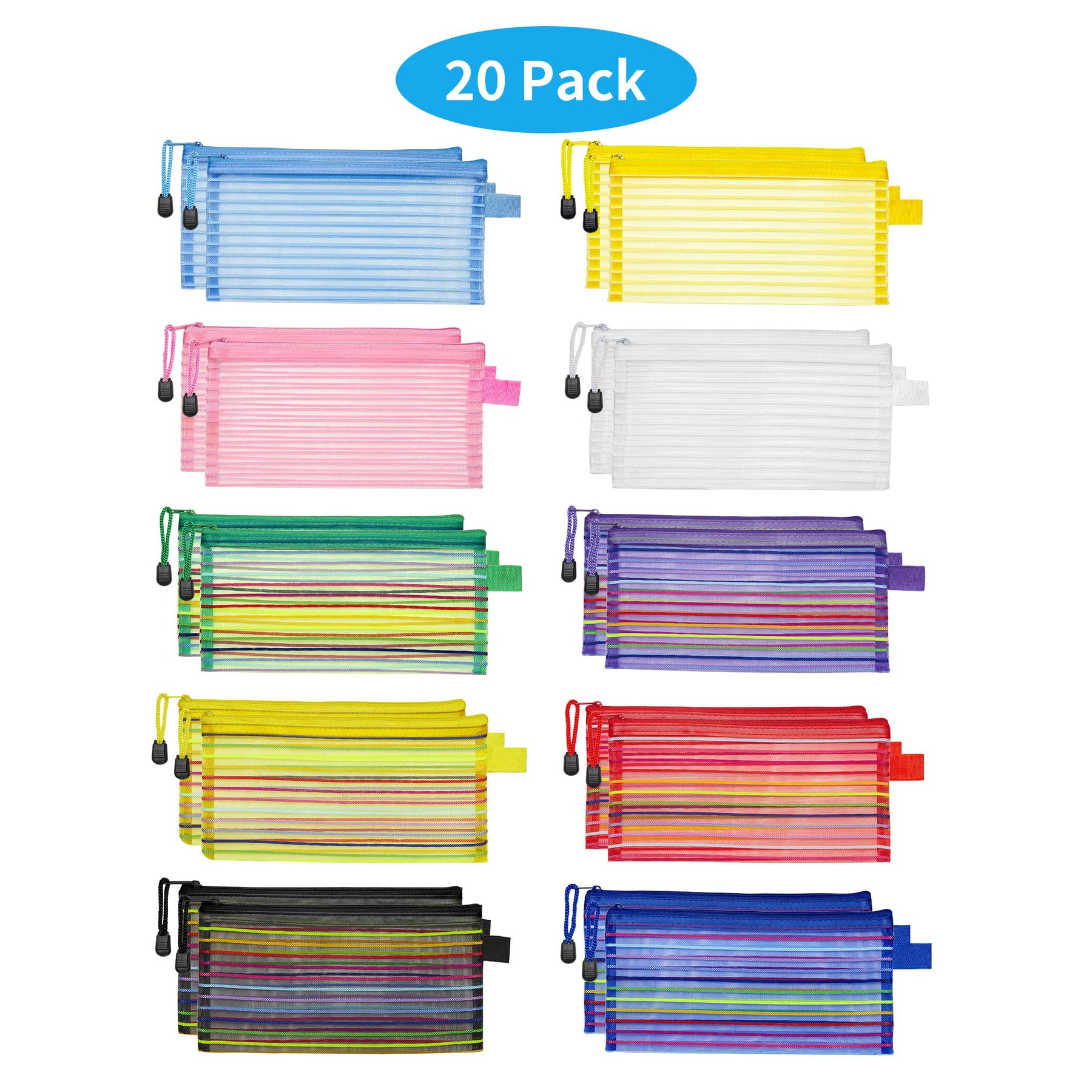 JARLINK 20 Pack 10 Colors Zipper Mesh Pouch, Pencil Pouch Pen Bag Multipurpose
