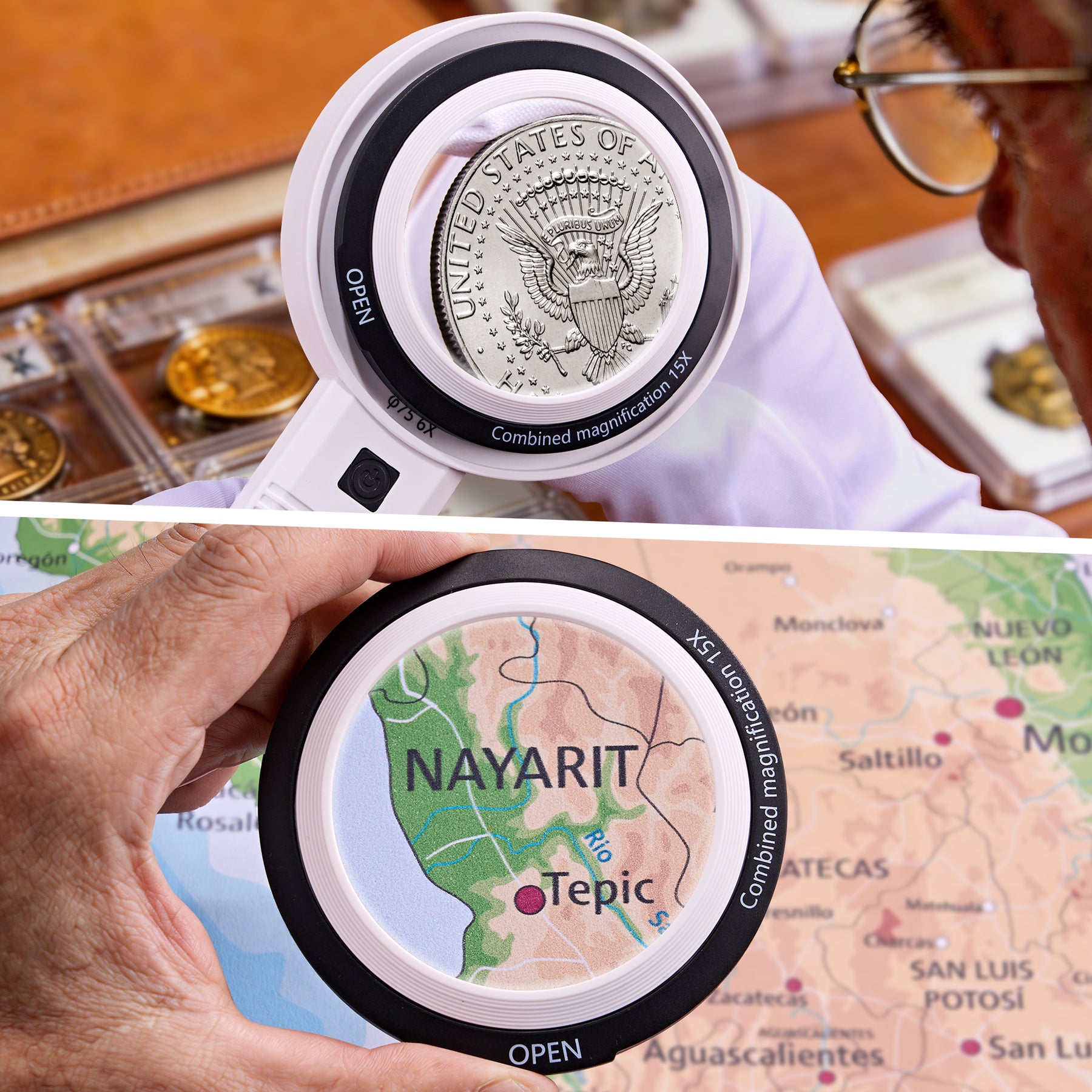 JARLINK Magnifying Glass with Light, Detachable Dual Lenses, 30 LED 3 Modes Lighted Magnifier for Seniors Reading, Close Work, Jewelry, Coins, Crafts