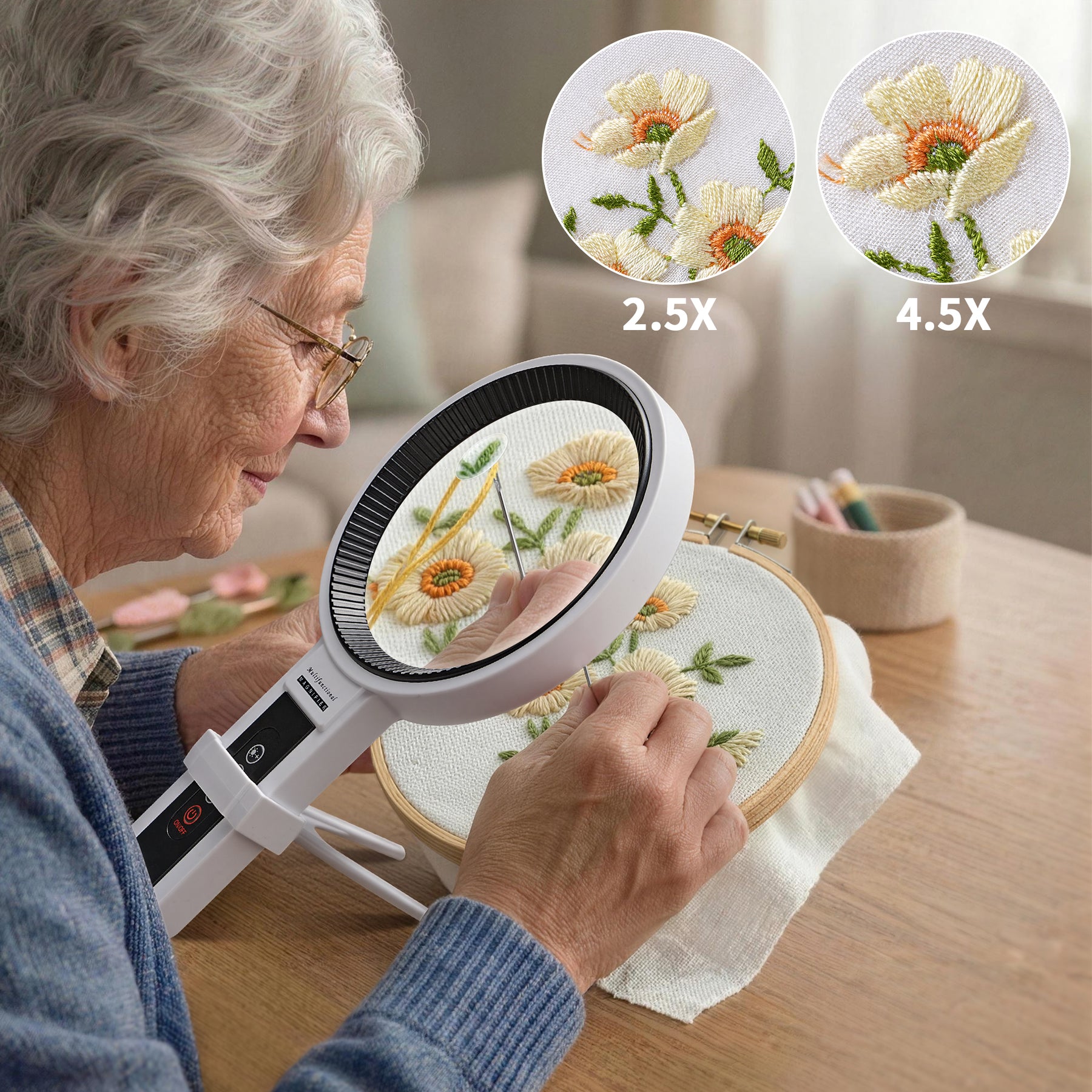JARLINK Magnifying Glass with Light and Stand, 5.5-Inch Large Magnifying Glass for Reading, 34 LED Adjustable Brightness, Handheld and Stand Magnifier for Seniors and Inspection