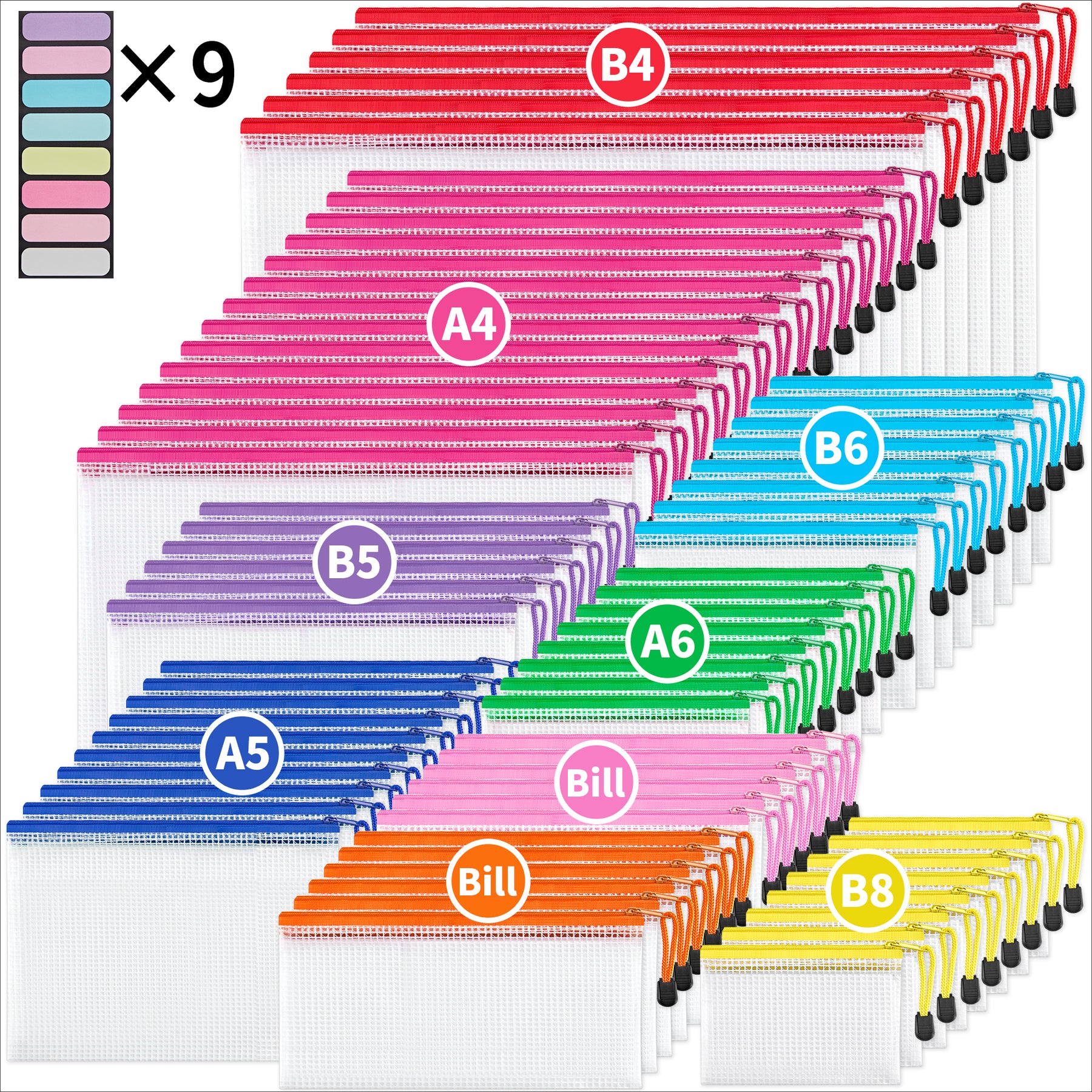 JARLINK 18 Pack 8 Sizes Mesh Pouch, 9 Colors, Waterproof Zipper File Bags Document Multipurpose Travel Bags for Office Supplies Cosmetics Travel Accessories