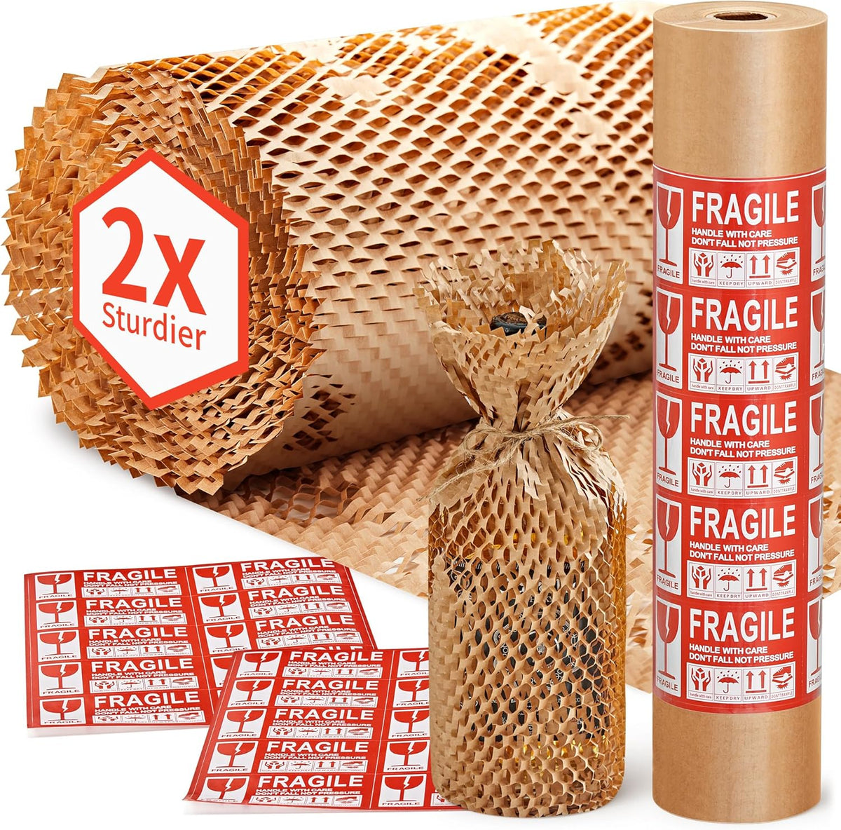JARLINK Honeycomb Packing Paper, 15"x 131' Bubble Packing Wrap for Packing/Shipping/Moving, Eco-Friendly Bubble Packing Paper Wrapping Roll, Recyclable Moving Supplies With 20 Fragile Sticker Labels