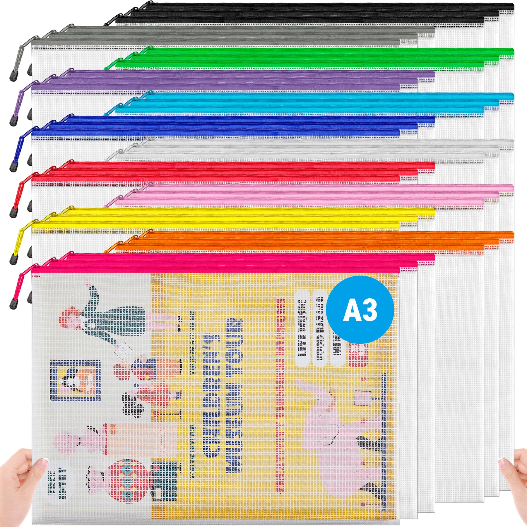 JARLINK A3 Mesh Zipper Pouch, Extra Large Waterproof File Bags