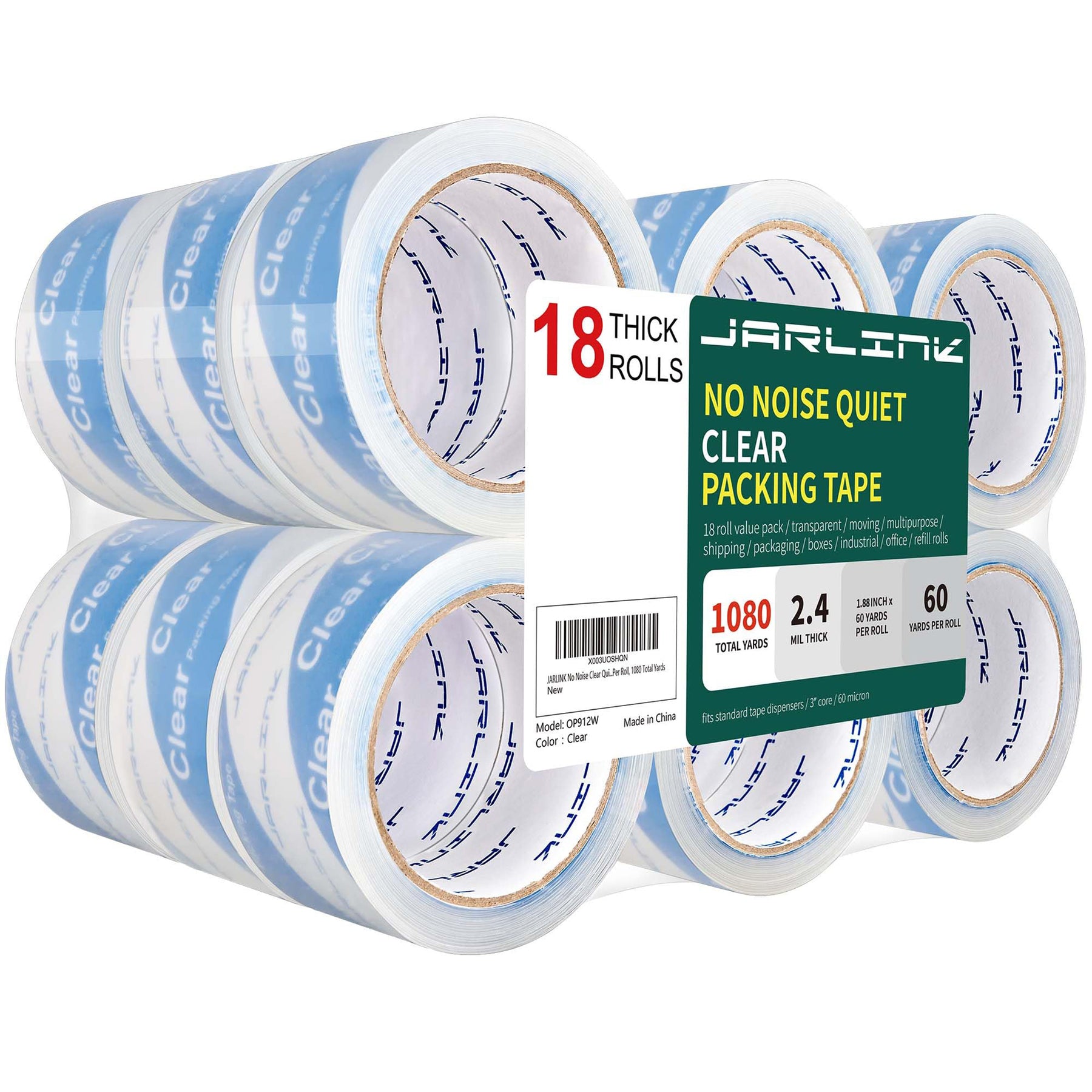 JARLINK No Noise Clear Quiet Packing Tape, Heavy Duty Packaging Tape for Shipping Packaging Moving Sealing, 2.4mil Thick, 1.88 inches Wide, 60 Yards Per Roll