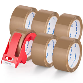 JARLINK 6 Rolls Brown Packing Tape with Dispenser, Heavy Duty Packaging Tape Refills for Shipping Packaging Mailing, 2.6mil Thick, 1.88 inches Wide, 60 Yards Per Roll, 360 Total Yards