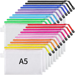 JARLINK 10 Pcs A3 Mesh Zipper Document Pouch, 10 Colors, Waterproof Plastic File Pouches for Organizing School and Office Supplies, Cosmetics, Travel Accessories
