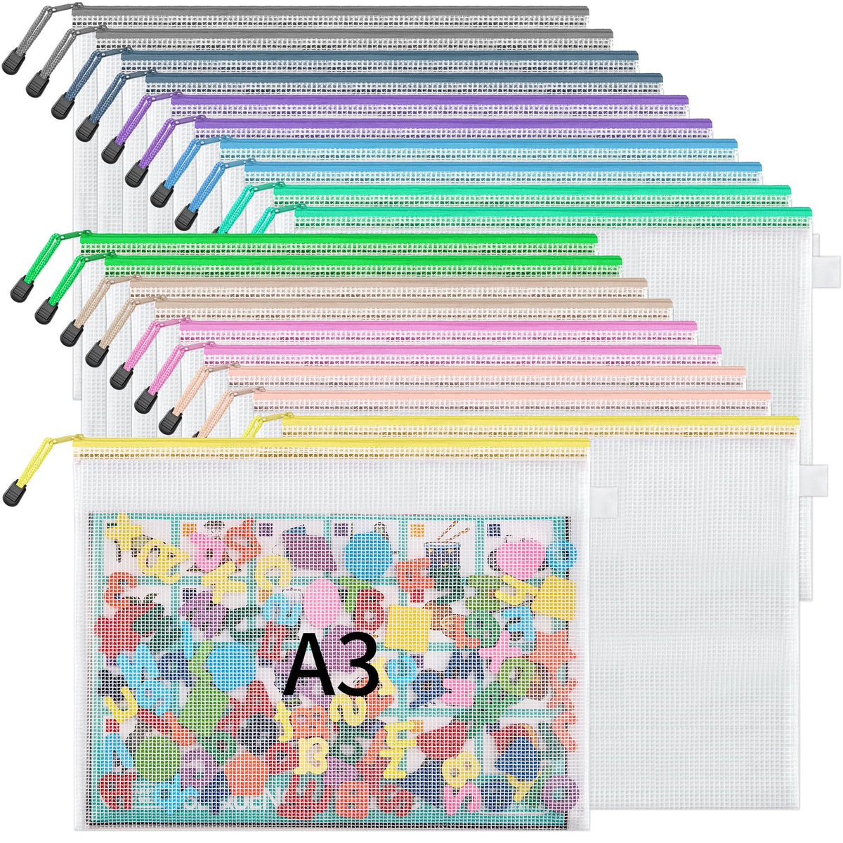 JARLINK 20PCS Mesh Zipper Pouch Bags, A3 Puzzle Bags with Zipper, Waterproof Zipper Pouches for Classroom Organization, Board Game Storage, Travel, Office, School Supplies, 10 Colors