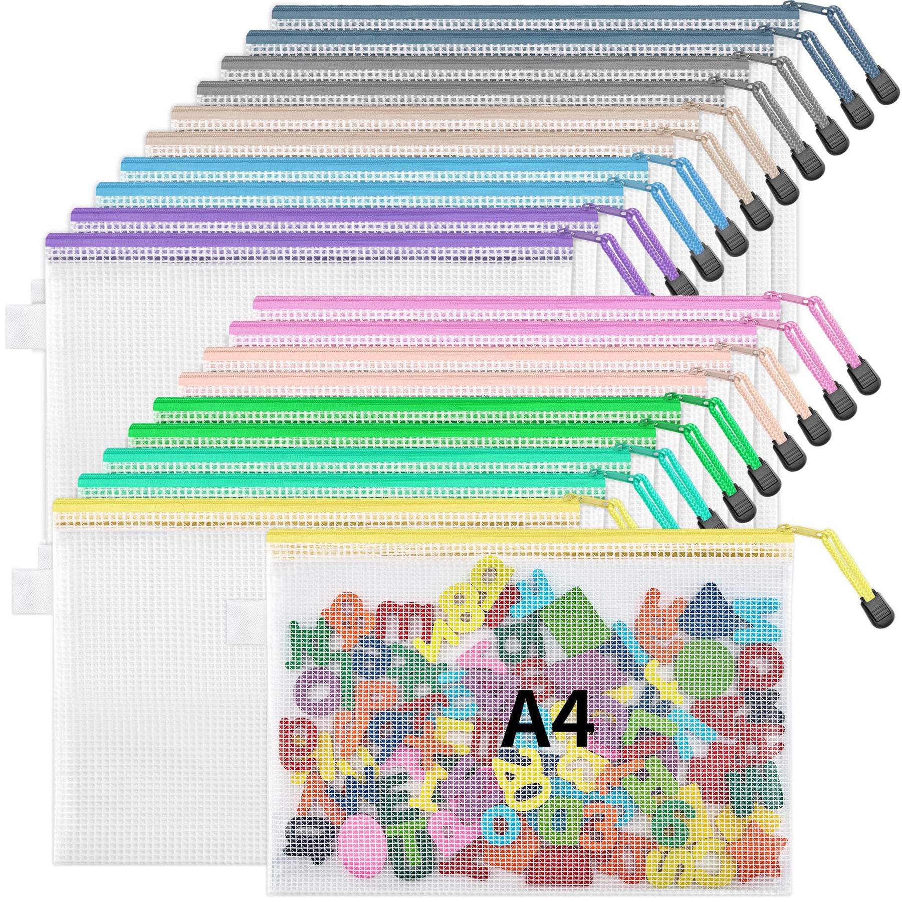 JARLINK 20PCS Mesh Zipper Pouch Bags, A3 Puzzle Bags with Zipper, Waterproof Zipper Pouches for Classroom Organization, Board Game Storage, Travel, Office, School Supplies, 10 Colors