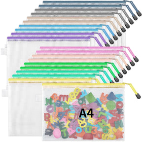 JARLINK 20PCS Mesh Zipper Pouch Bags, A3 Puzzle Bags with Zipper, Waterproof Zipper Pouches for Classroom Organization, Board Game Storage, Travel, Office, School Supplies, 10 Colors