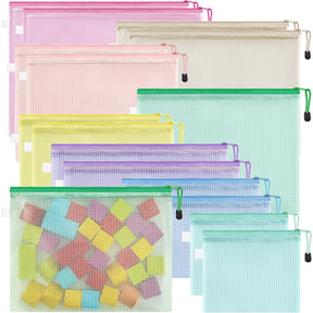 JARLINK 16pcs Mesh Zipper Pouch for Organizing,  Waterproof Zipper Storage Bags, 8 Colors Plastic File Pouch, Multipurpose for Travel, School, Board Game, Puzzles, Office, and Home Organize