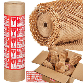 JARLINK Honeycomb Packing Paper, 12 * 200' Bubble Packing Wrap for Packing/Shipping/Moving, Recyclable Honeycomb Cushioning Wrap Roll, Moving & Gifts Wrapping Paper With 20 Fragile Sticker Labels