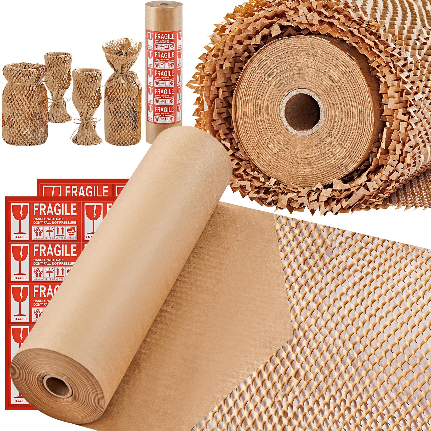  LIBEDECO Honeycomb Packing Paper, 15x 165' Packing Paper for  moving, Recyclable Honeycomb Paper Cushioning Wrap Protective Roll With 36  Fragile Sticker Labels & 100Ft Jute Twine Brown : Office Products