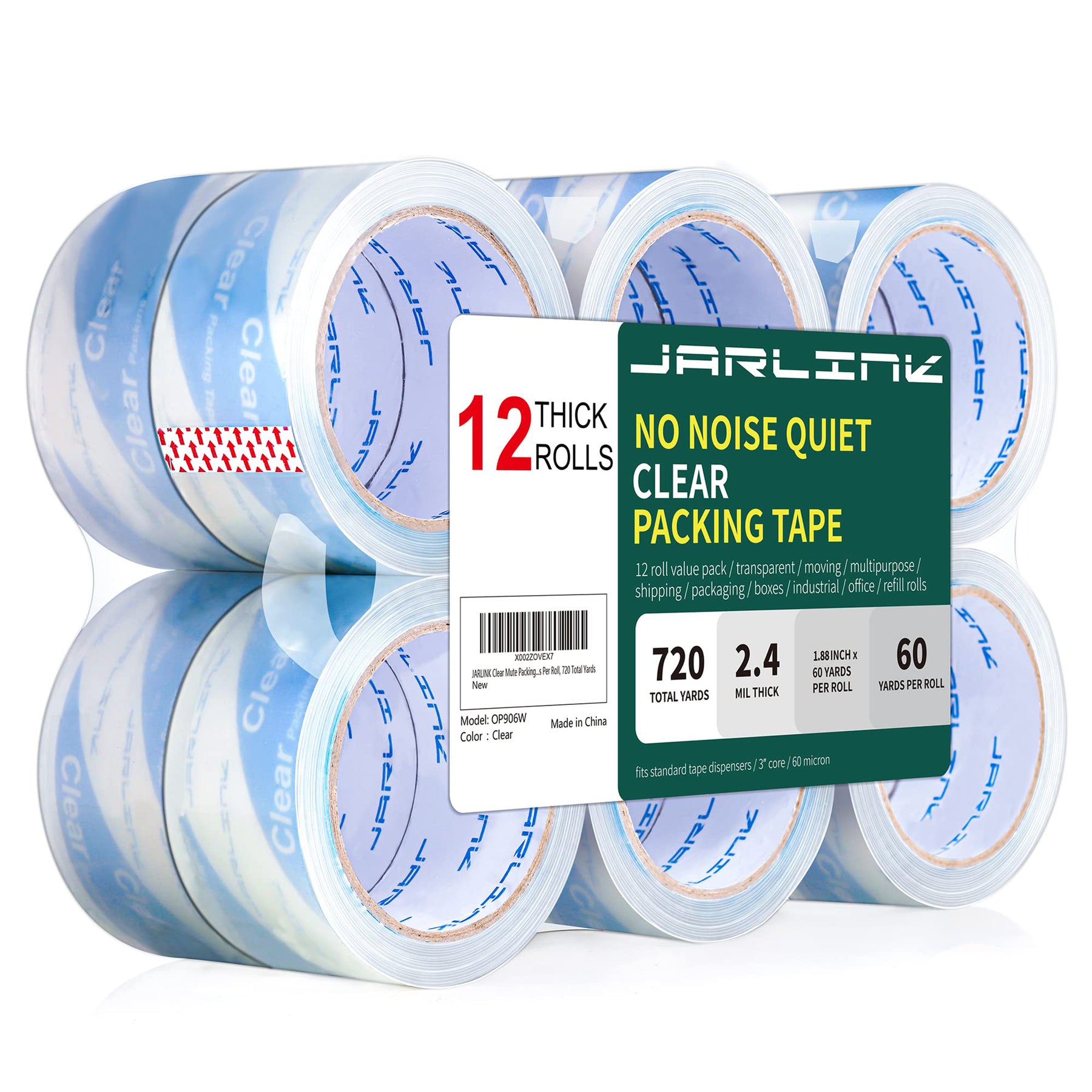 JARLINK No Noise Clear Quiet Packing Tape, Heavy Duty Packaging Tape for Shipping Packaging Moving Sealing, 2.4mil Thick, 1.88 inches Wide, 60 Yards Per Roll