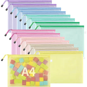 JARLINK 16pcs Mesh Zipper Pouch for Organizing,  Waterproof Zipper Storage Bags, 8 Colors Plastic File Pouch, Multipurpose for Travel, School, Board Game, Puzzles, Office, and Home Organize