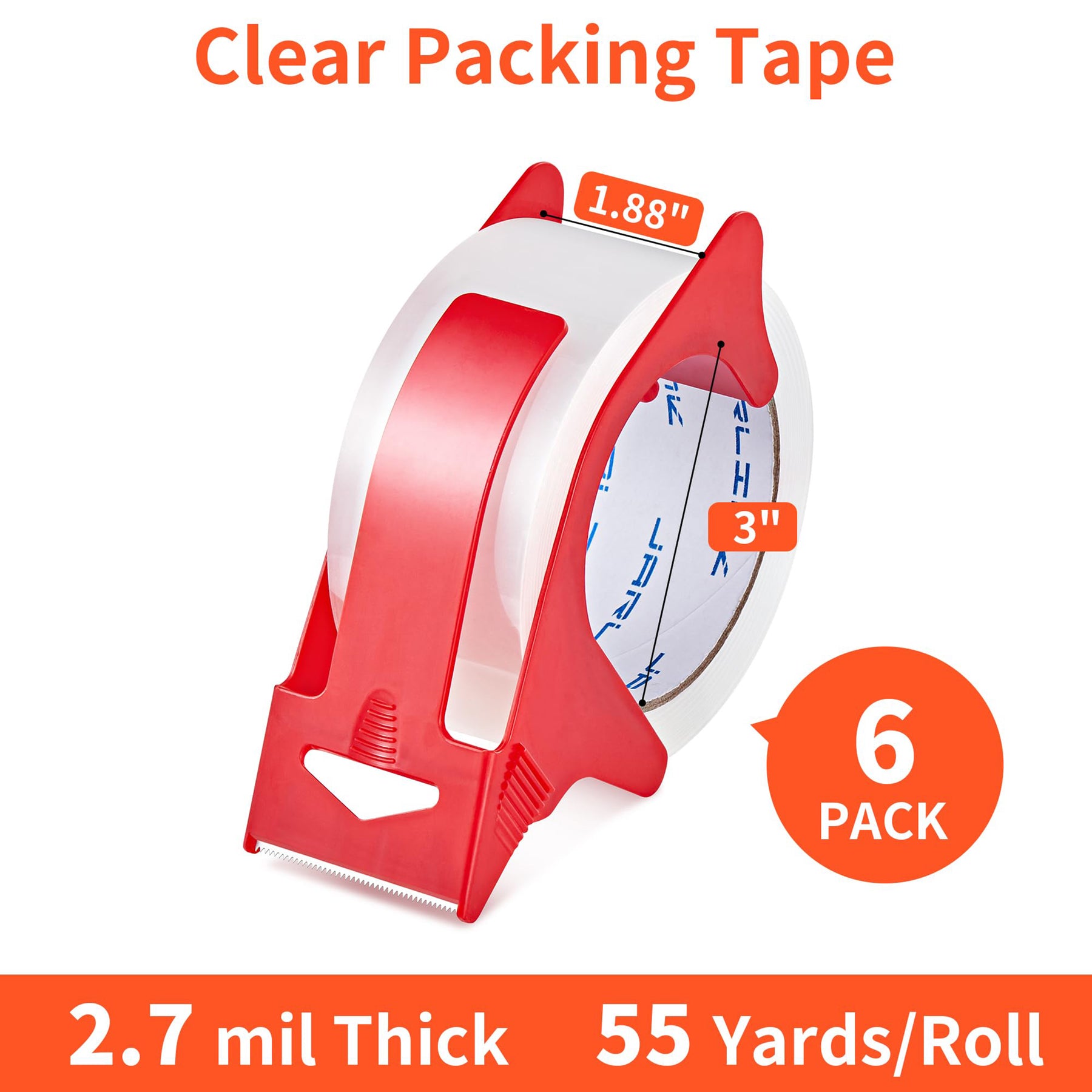 JARLINK 3 Rolls Clear Packing Tape with Dispenser, Heavy Duty Packaging Tape Refills for Shipping Packaging Mailing, 2.7mil Thick, 1.88 inches Wide, 55 Yards Per Roll, 165 Total Yards