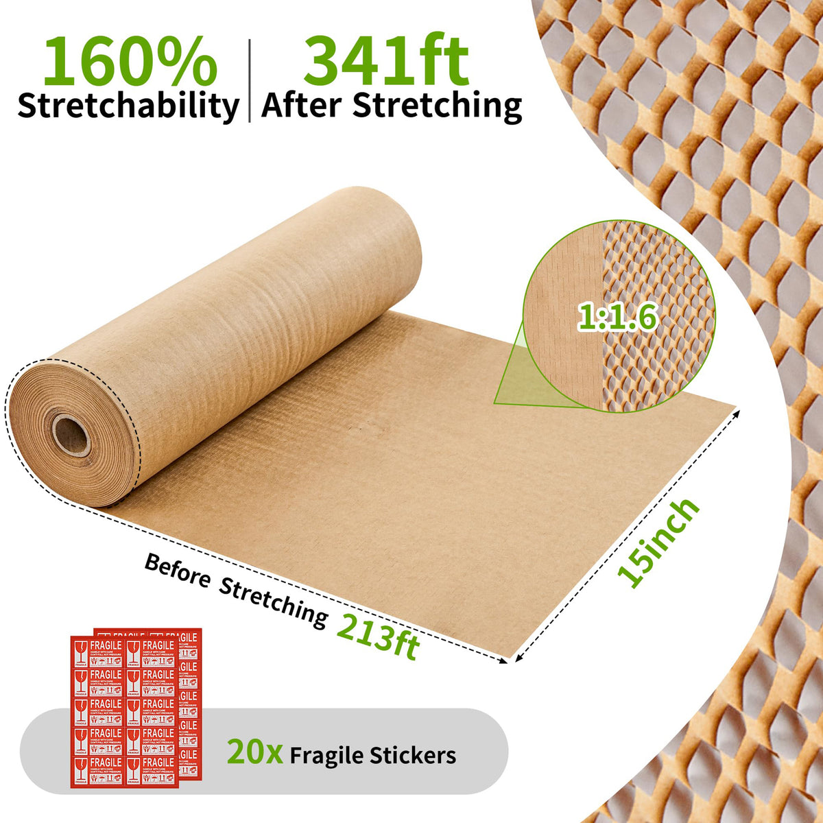 JARLINK Honeycomb Packing Paper, 15"x 213' Bubble Packing Wrap for Packing/Shipping/Moving, Eco-Friendly Bubble Packing Paper Wrapping Roll, Recyclable Moving Supplies With 20 Fragile Sticker Labels