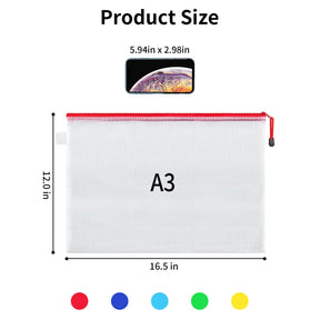 JARLINK 10 Pcs A3 Mesh Zipper Document Pouch, 10 Colors, Waterproof Plastic File Pouches for Organizing School and Office Supplies, Cosmetics, Travel Accessories