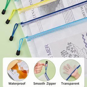 JARLINK 10 Pcs A3 Mesh Zipper Document Pouch, 10 Colors, Waterproof Plastic File Pouches for Organizing School and Office Supplies, Cosmetics, Travel Accessories