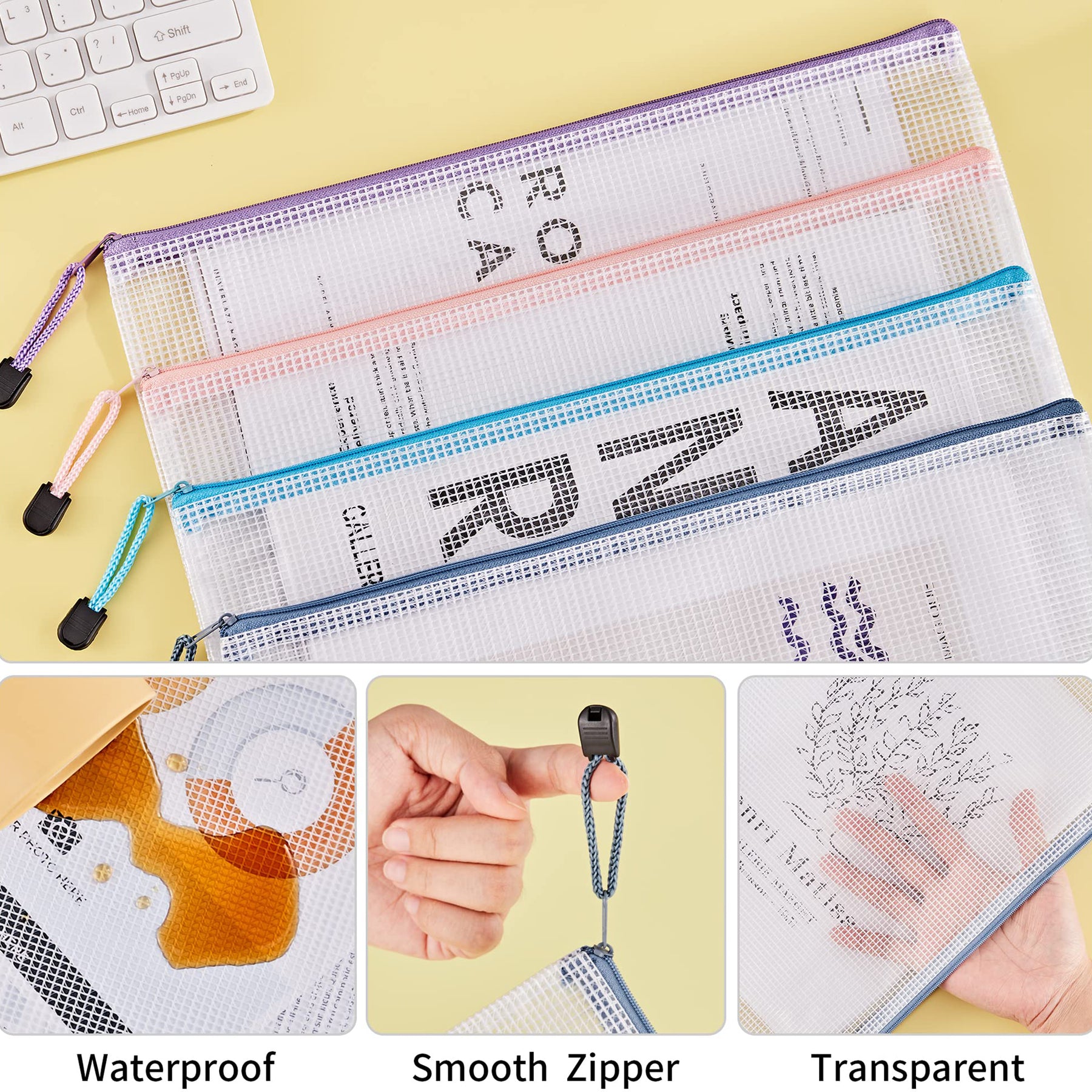 JARLINK 24pcs Mesh Zipper Pouches, A4/Letter Size Waterproof Zipper Bags, 6 Colors, Multipurpose Plastic Document Pouch for School Supplies, Office Supplies, Travel Storage, Puzzles Organize