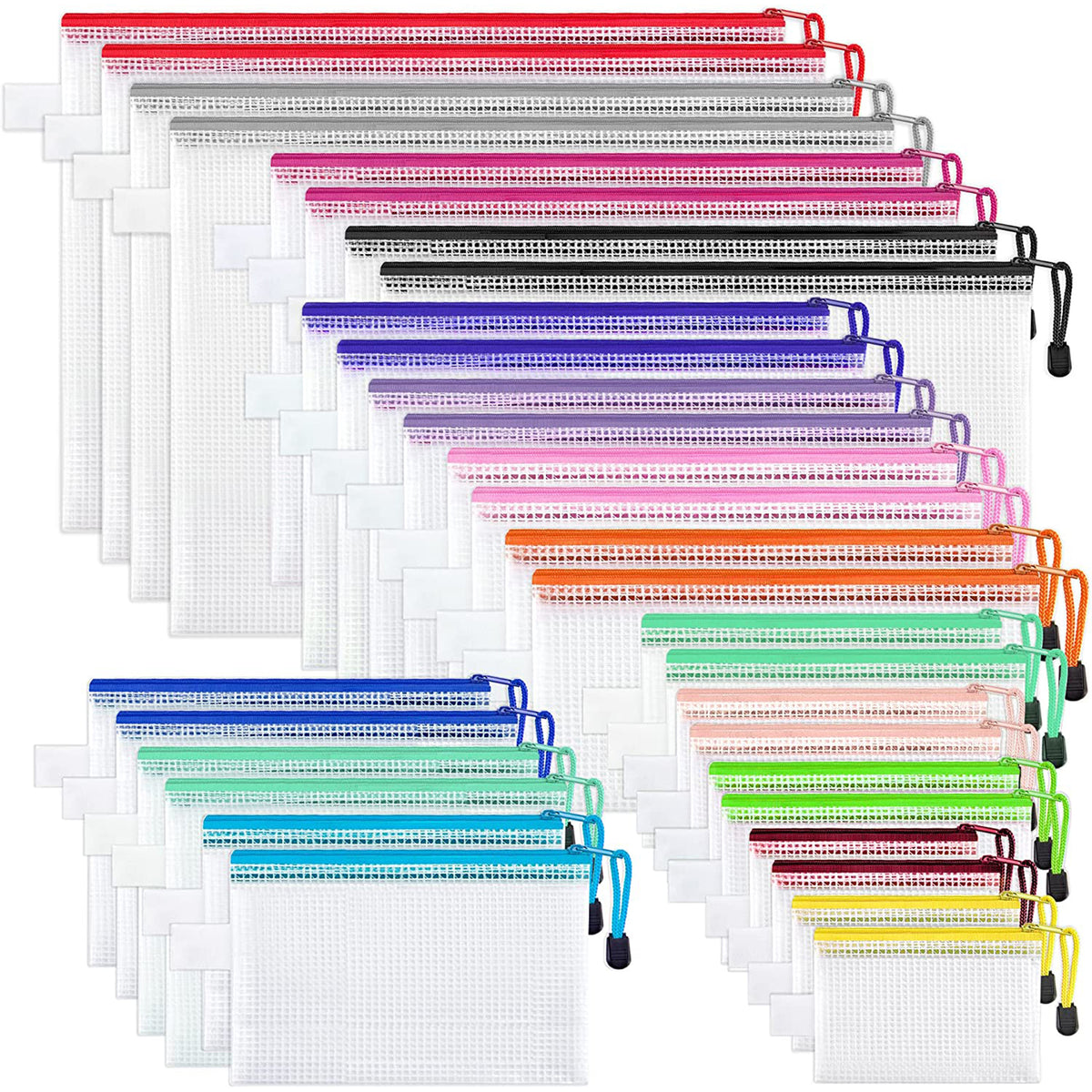 JARLINK 40pcs Mesh Zipper Pouch, 8 Sizes Waterproof Zipper Bags for Board Games Storage, 16 Colors Organization Pouches for School Supplies, Office Appliances, Cosmetics, and Travel Accessories