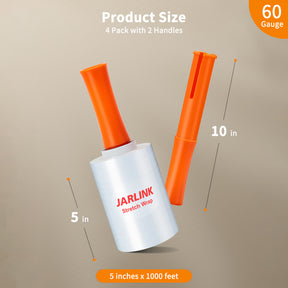 JARLINK 4 Pack Plastic Film Roll with Plastic Handles, 60 Gauge Thick, 5" x 1000ft Plastic Pallet Film, Industrial Strength Stretch up to 500% Stretch for Moving, Packing, Wrapping, and Shipping