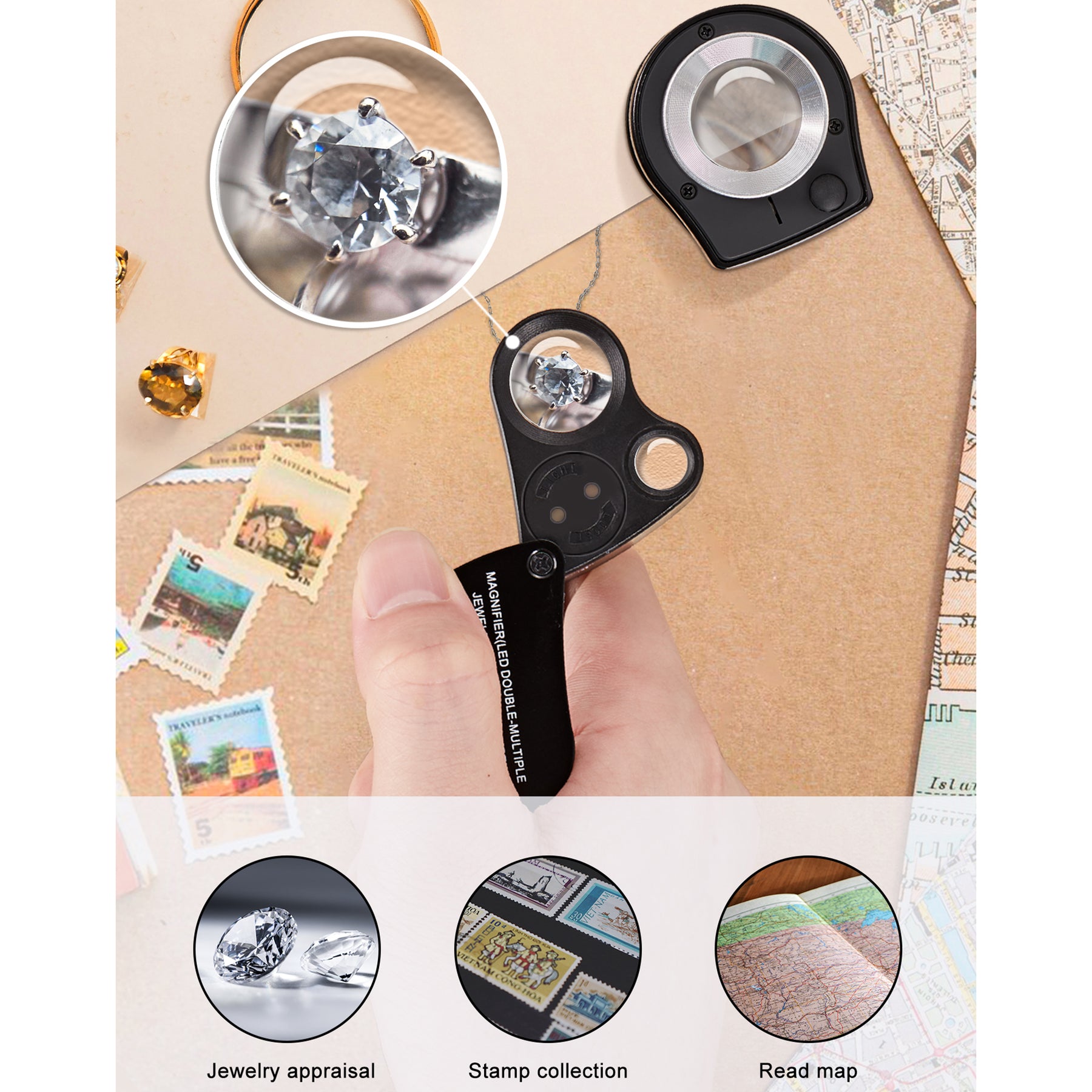 Foldable Jewelers Magnifier Portable 30X 50X Pocket Magnifier Dual