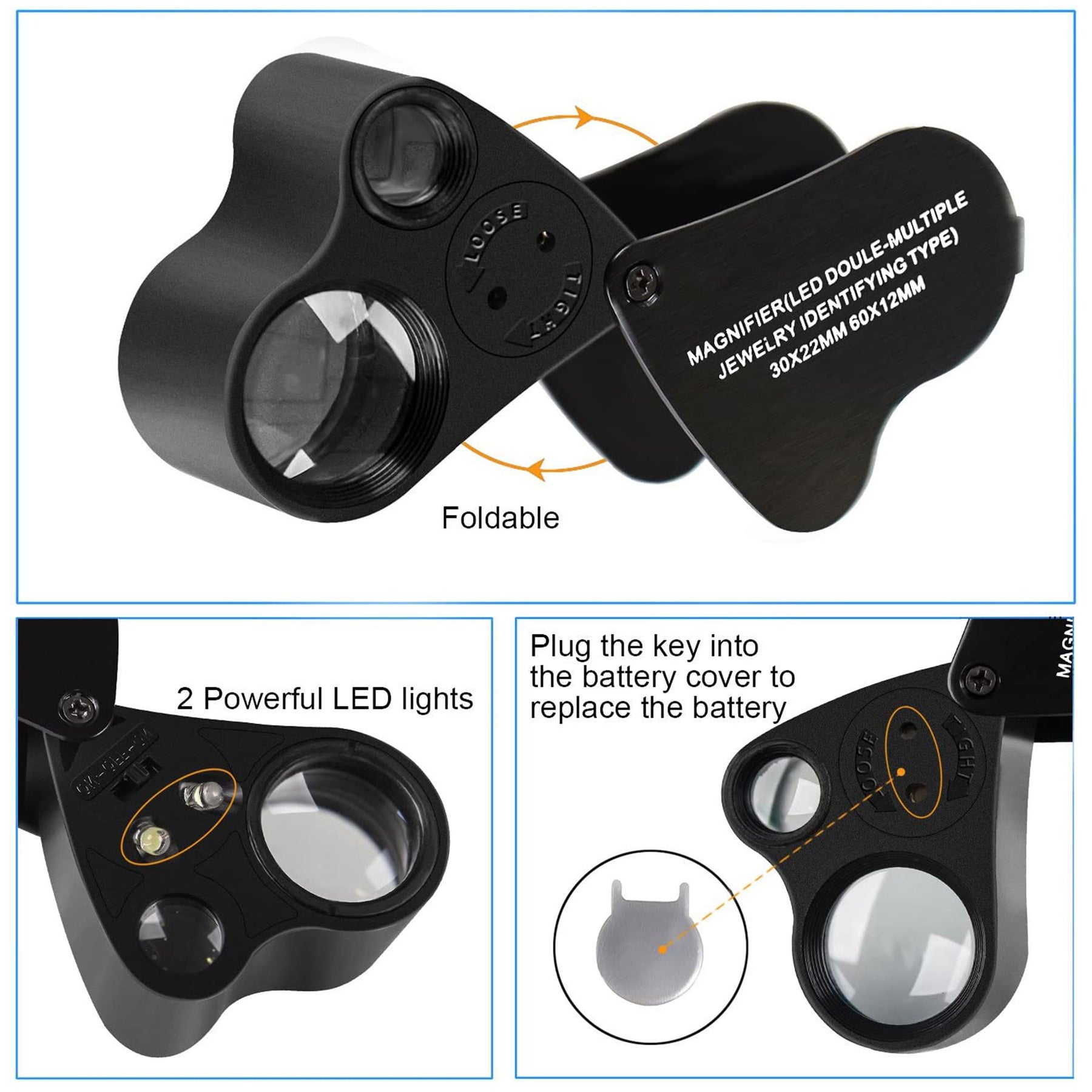 JARLINK 2 Pack 30X 60X Illuminated Jewelers Eye Loupe Magnifier